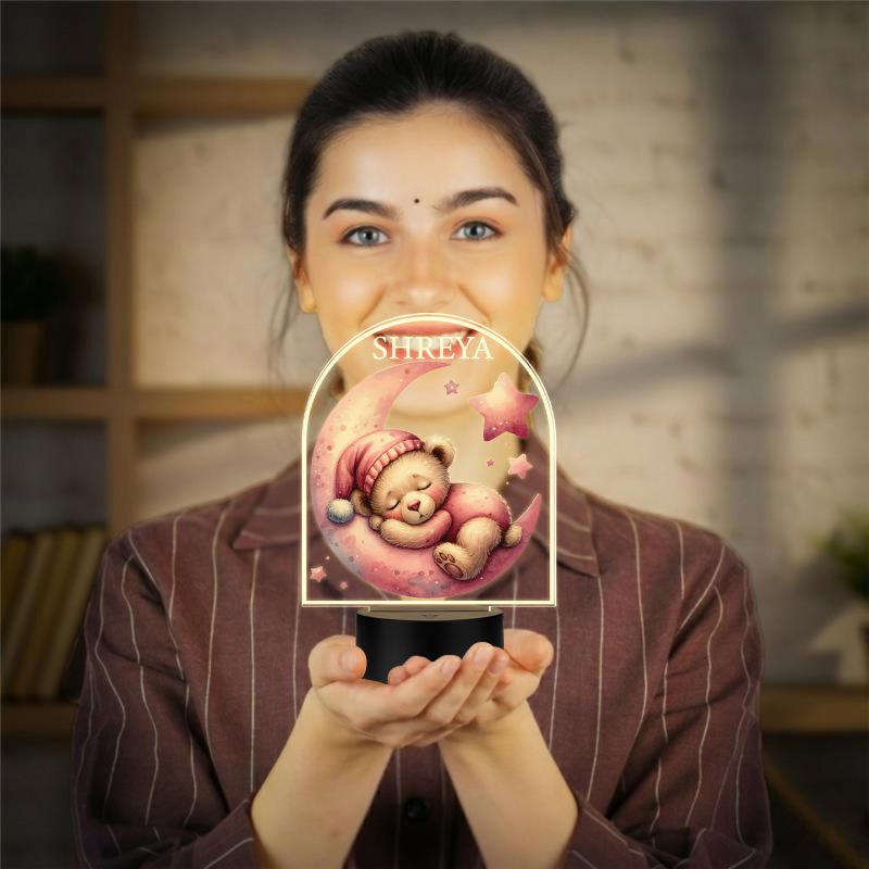 Personalized Sleeping Teddy on Moon Design, Custom with Name Warm White Light Kids Room Bedside Desk Table Lamp Return Gift for Kids